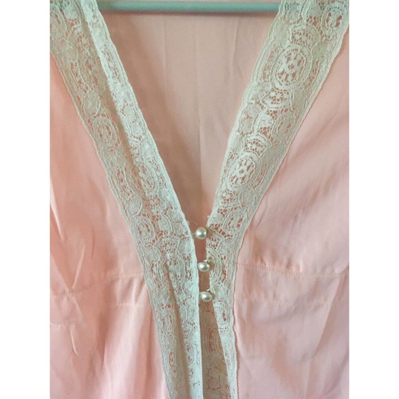 VINTAGE DREAM AWAY Peach LACE TRIM SILKY NYLON GOWN NIGHTGOWN Maxi Robe S - Picture 3 of 7